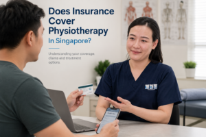 Physiotherapist discussing insurance coverage and physiotherapy treatment options with a patient in a Singapore clinic