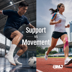 Split-screen-sports-physiotherapy-image-comparing-rigid-athletic-tape-and-kinesiology-tape-during-movement-analysis-at-a-Singapore-sports-facility.
