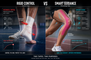 Sports-medicine-infographic-showing-the-difference-between-rigid-athletic-tape-for-ankle-stability-and-kinesiology-tape-for-movement-support-in-physiotherapy