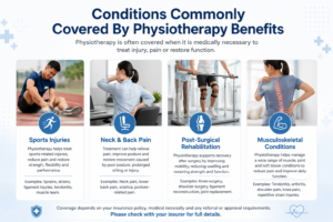 Infographic showing sports injuries, neck and back pain, post-surgical rehabilitation and musculoskeletal conditions commonly treated with physiotherapy