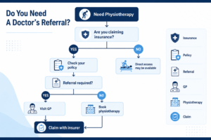 Decision tree showing when a doctor's referral may be required for physiotherapy insurance claims in Singapore.