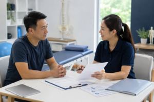 Asian physiotherapist discussing a doctor's referral and physiotherapy insurance claim documents with a patient during a consultation in a Singapore physiotherapy clinic.