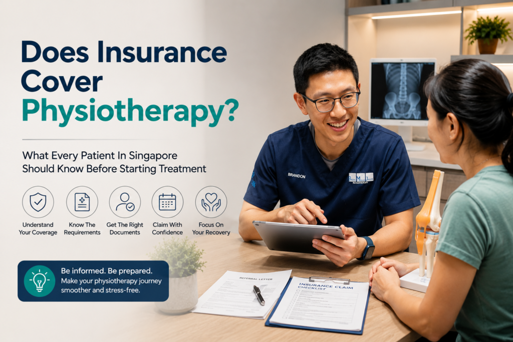 Physiotherapist explaining insurance and treatment options to a patient during a consultation in a Singapore physiotherapy clinic.