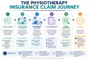 Infographic illustrating the typical physiotherapy insurance claim journey in Singapore, from injury and consultation through treatment, claim submission, insurer assessment and claim outcome.