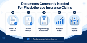 Documents commonly needed for physiotherapy insurance claims including doctor's referral, receipt, assessment, progress notes and medical reports.